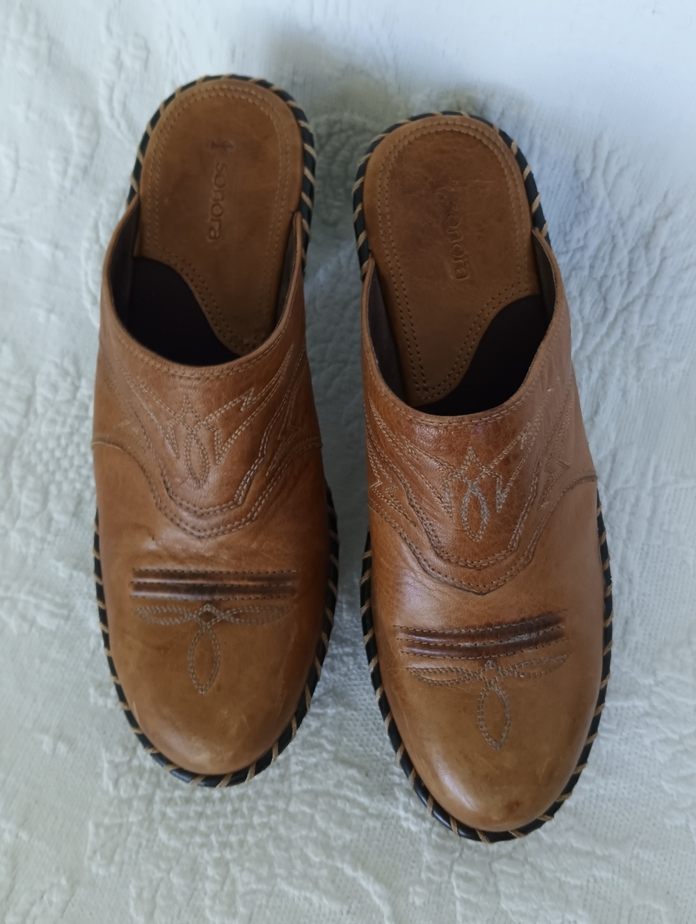 Sonora Tan Leather Slip On Clog Mule Western Cowgirl Chunky Heel Embroidery - Picture 11 of 16